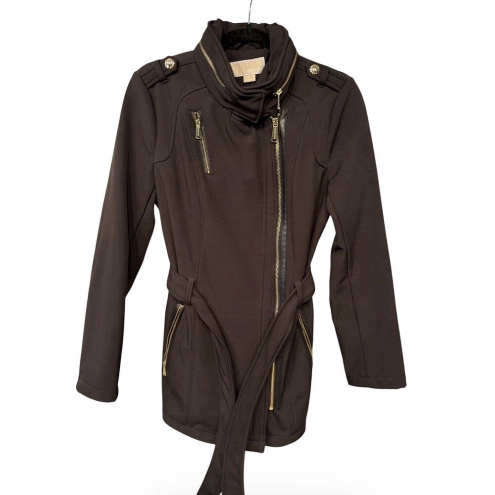 Michael Kors Womens Black Asymmetrical Zip Softshell Jacket Belted Hood Coat S